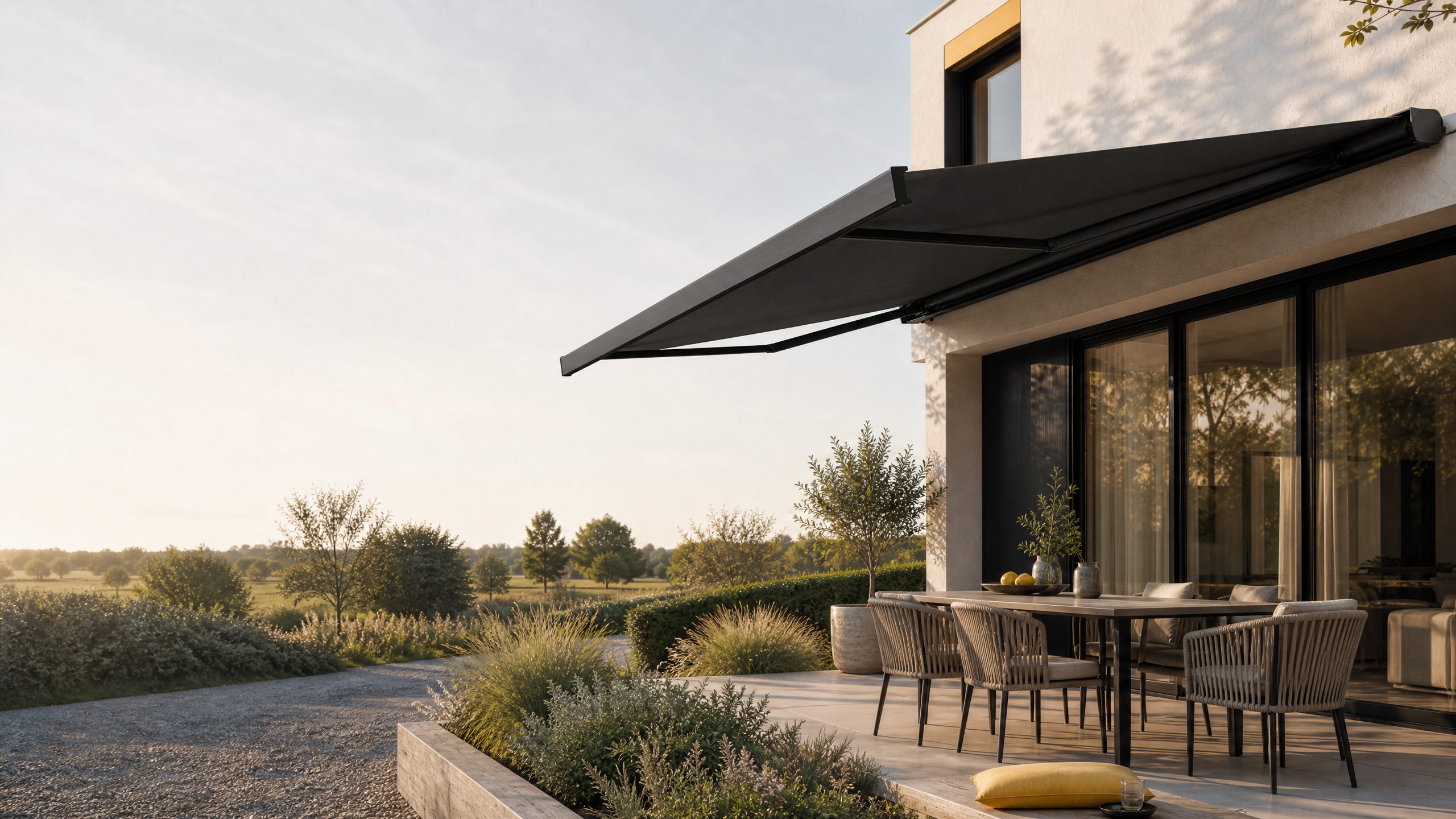 Zonnescherm bij een terras aan een woning
